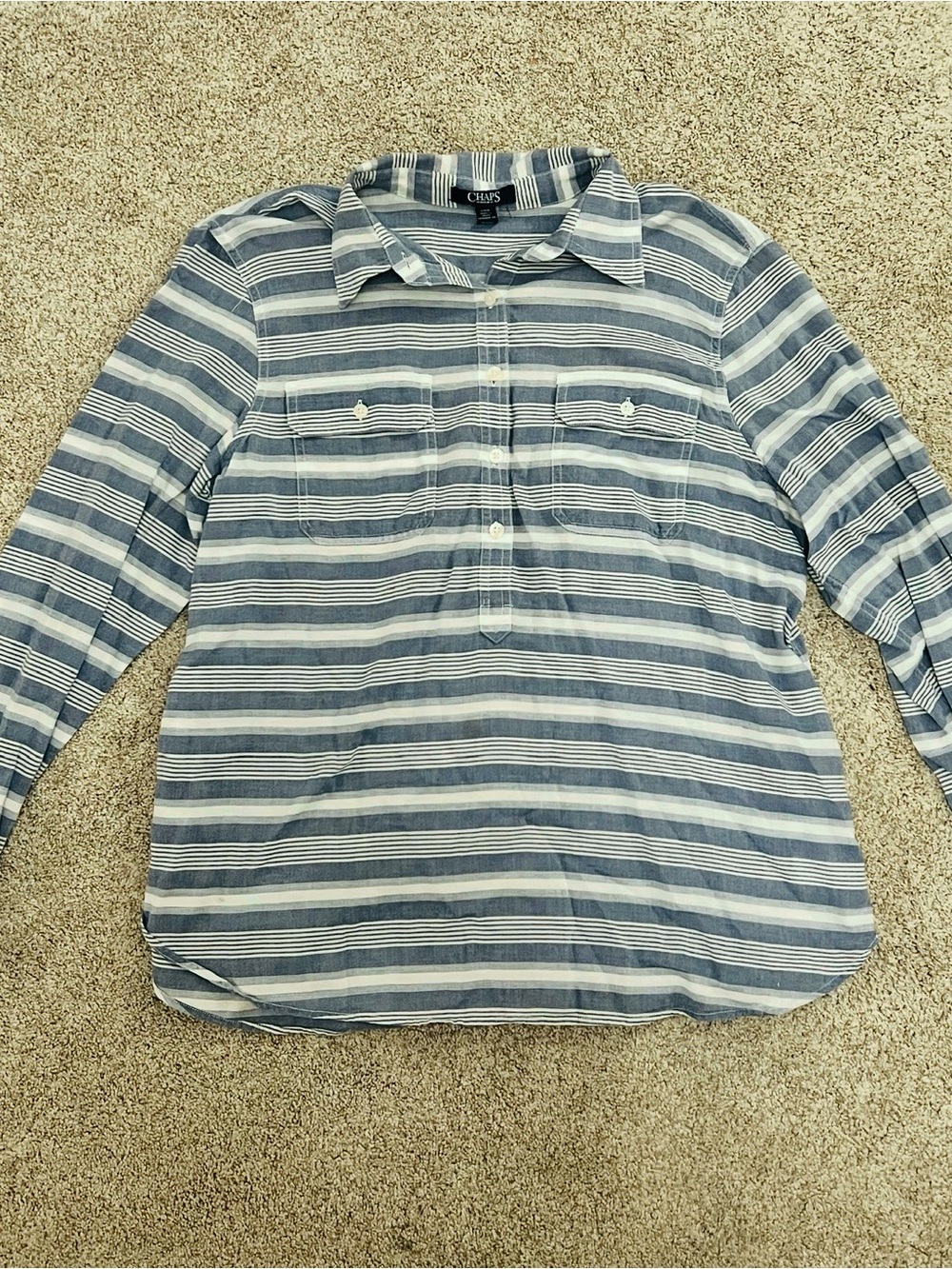 Chaps Women’s Blue & White Striped Ocean Button Pullover long sleeve blouse L
